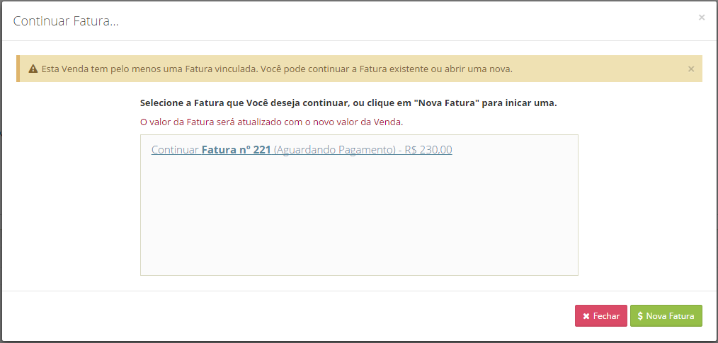 Continuar fatura venda