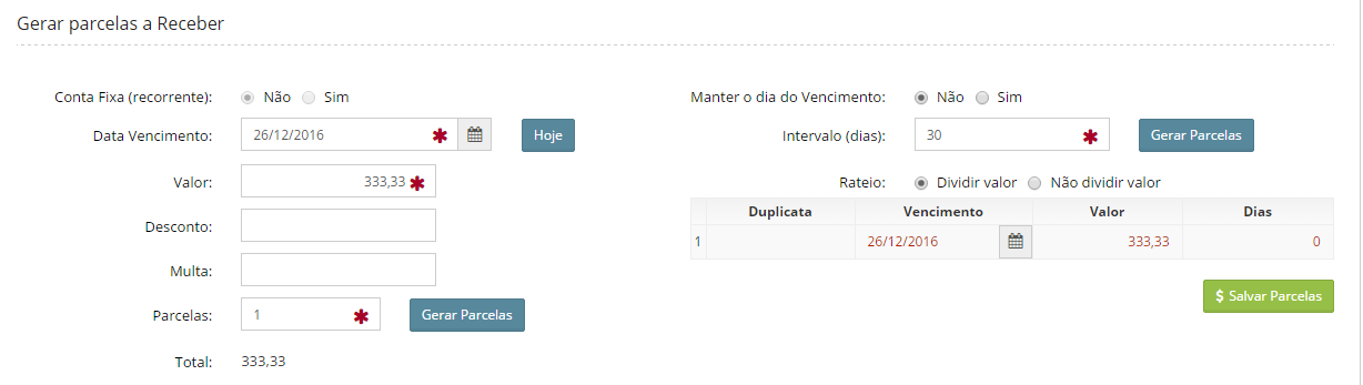 Gerar Parcelas a Receber
