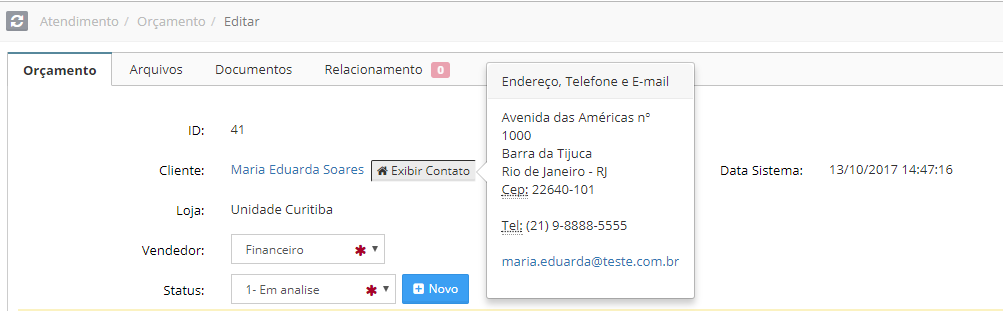 exibir contato orçamento