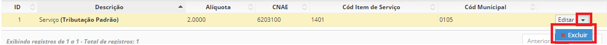 excluir cod tributação de serviço