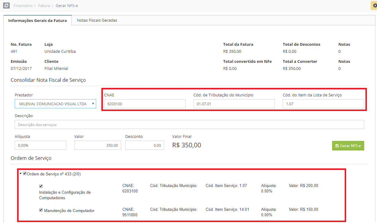 serviços na nota fiscal