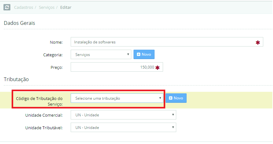 cadastro de serviço mod tribut