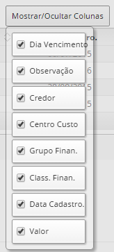 Mostrar ou ocultar colunas contas fixas a pagar