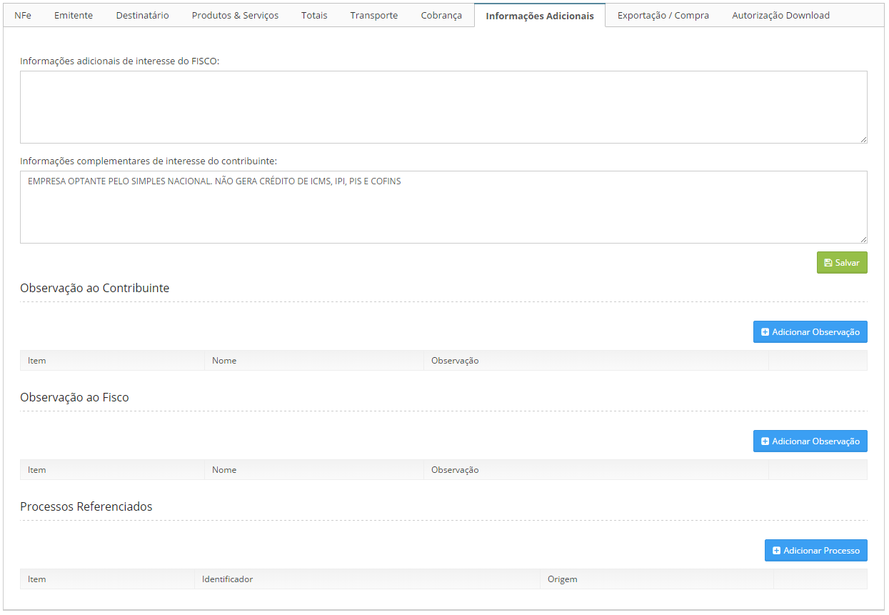 Informações adicionais nfe
